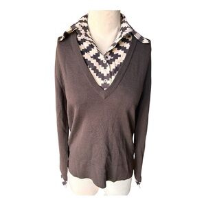 Tory Burch Women's Brown and White collared vneck sweater Size Large